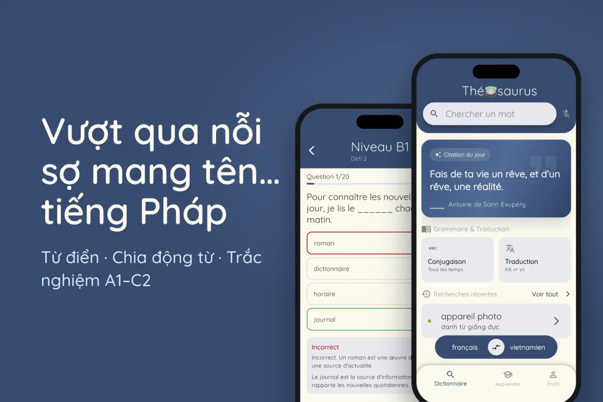 Thésaurus trên iPhone: màn hình chính với câu trích dẫn mỗi ngày, và một bài trắc nghiệm trình độ B1
