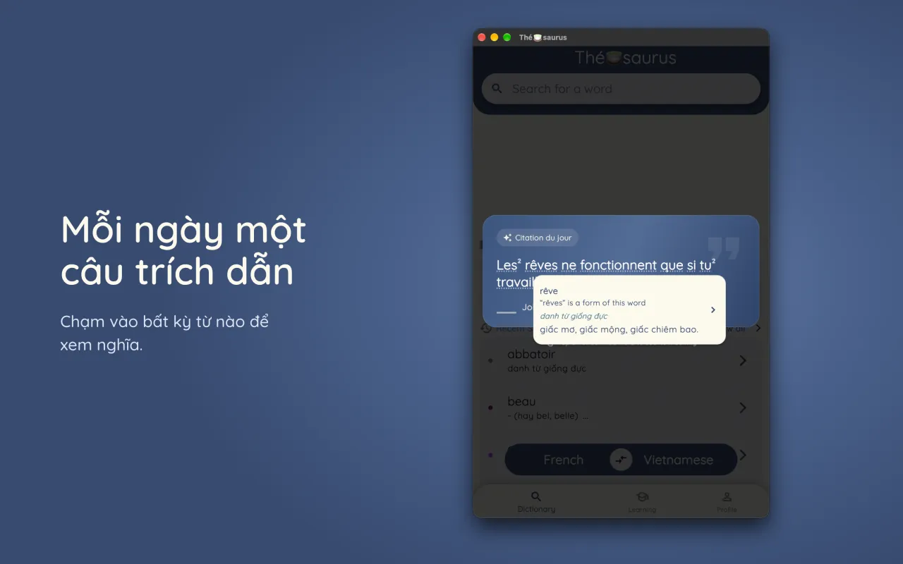 Câu trích dẫn mỗi ngày, cùng nghĩa của một từ được chạm vào